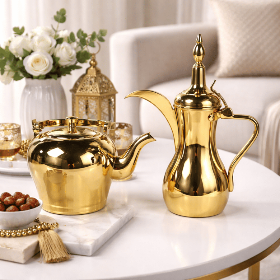 طقم مرحبا عربي كلاسيكي مكون من دلة قهوة عربية و إبريق شاي باللون الذهبي اللامع 2 + 1.4 لتر