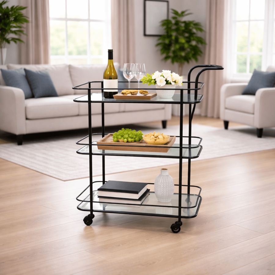 Glass serving cart with three shelves