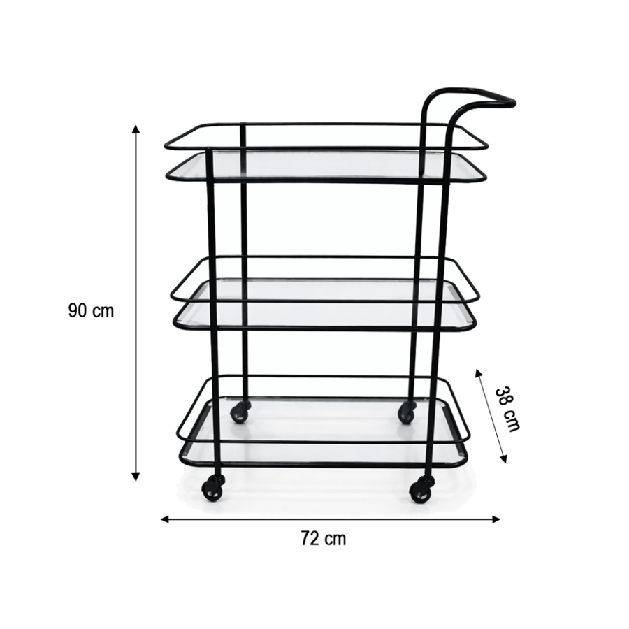 Glass serving cart with three shelves