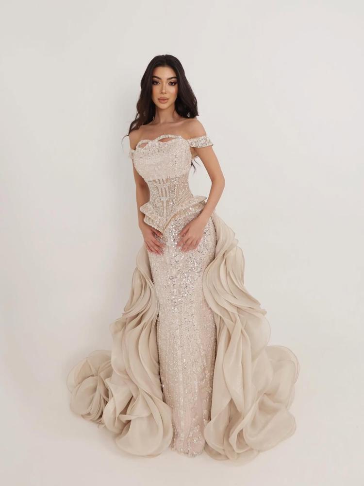 Evening dress, material crinkle and beads, beige color, long, dress tail, light.
