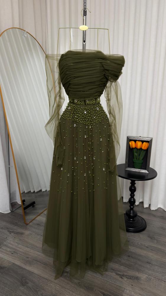 Evening dress in olive color, elegant dress