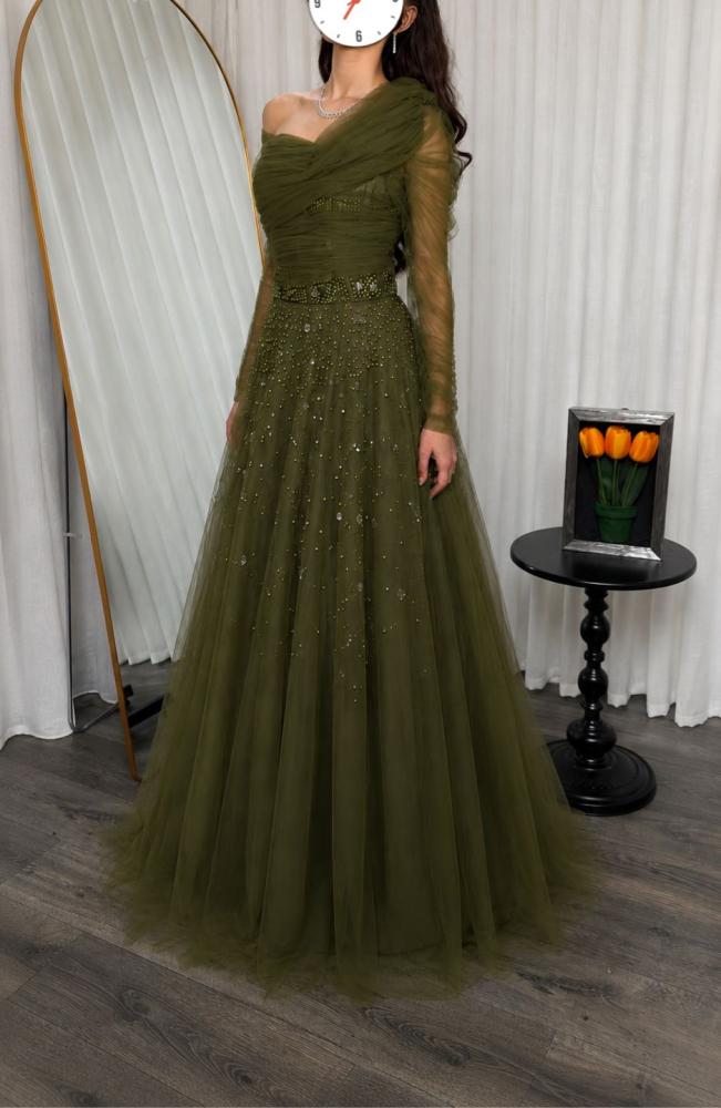 Evening dress in olive color, elegant dress