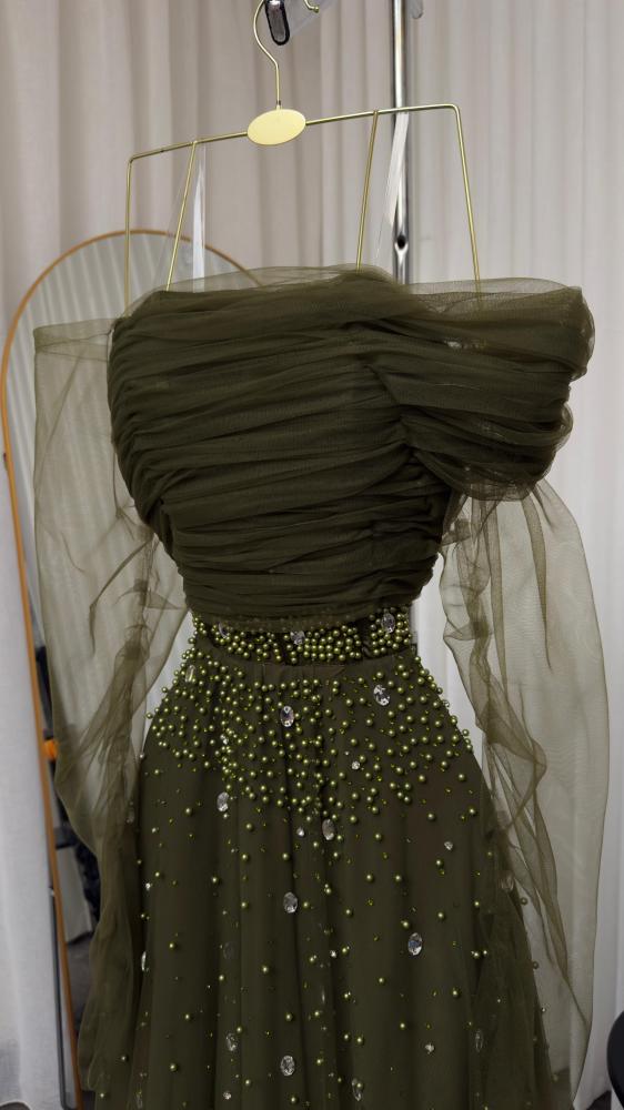 Evening dress in olive color, elegant dress