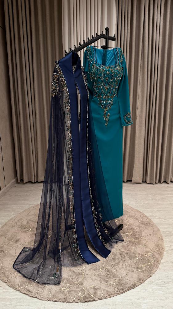 Kaftan evening Barbie and chiffon, hand embroidery, turquoise color, Kaftan features
