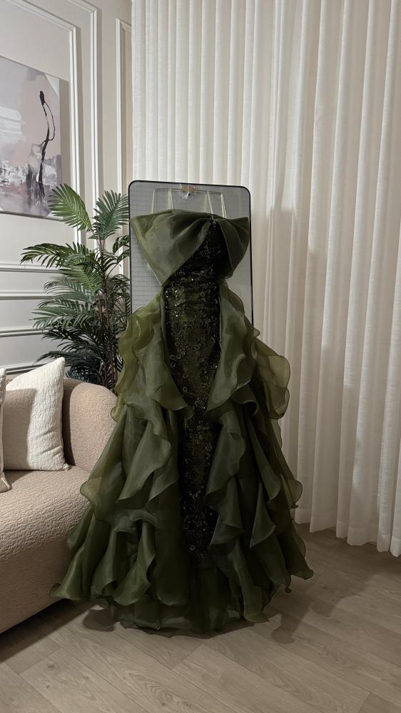 Fabric | Beaded and sequined embroidery + organza lining, olive color, Shakhbout dress