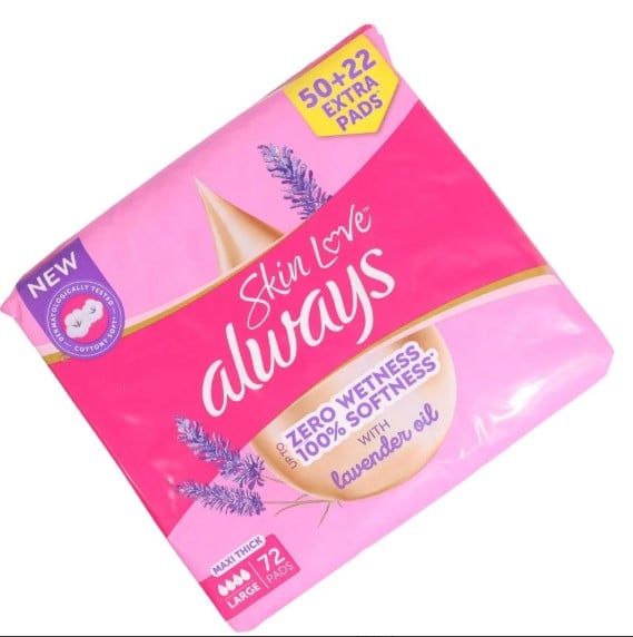 أولويز Always Skin Love Soft Cotton فوط صحية قطنية ناعمة للبشرة الحساسة، ماكسي سميكة وطويلة – 72 فوطة