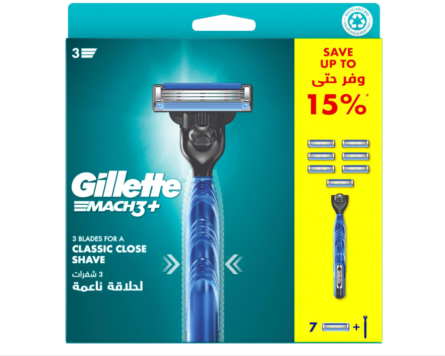 جيليت Gillette ماك 3 بلس Mach3+ ماكينة حلاقة للرجال مع 7 شفرات بديلة – عبوة خاصة