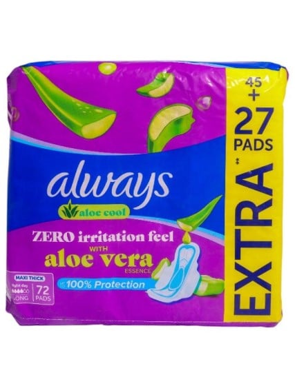 أولويز Always Maxi Thick Aloe Fresh فوط صحية ماكسي سميكة برائحة الألوفيرا بالأجنحة – 72 فوطة