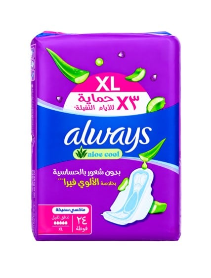 أولويز Always فوط صحية ماكسي سميكة بالألوفيرا للأيام الثقيلة – حجم XL، 24 فوطة