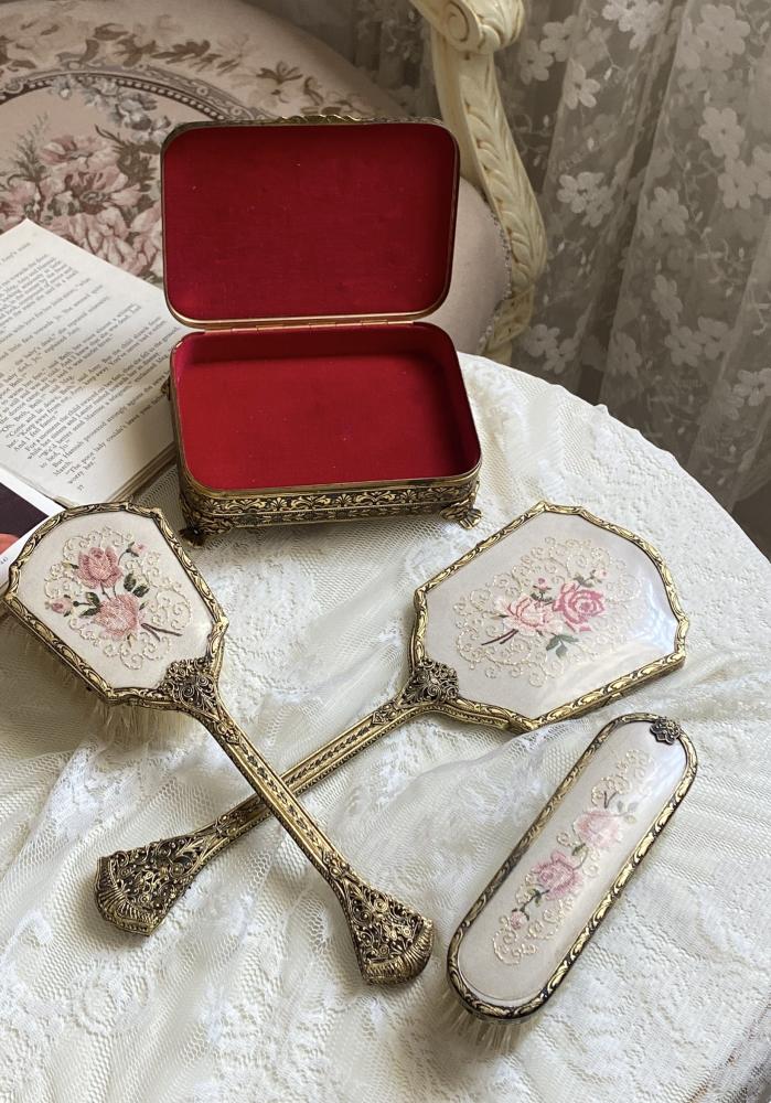 Vintage 4 Piece Condor Petit Point Vanity / Dressing Table Set