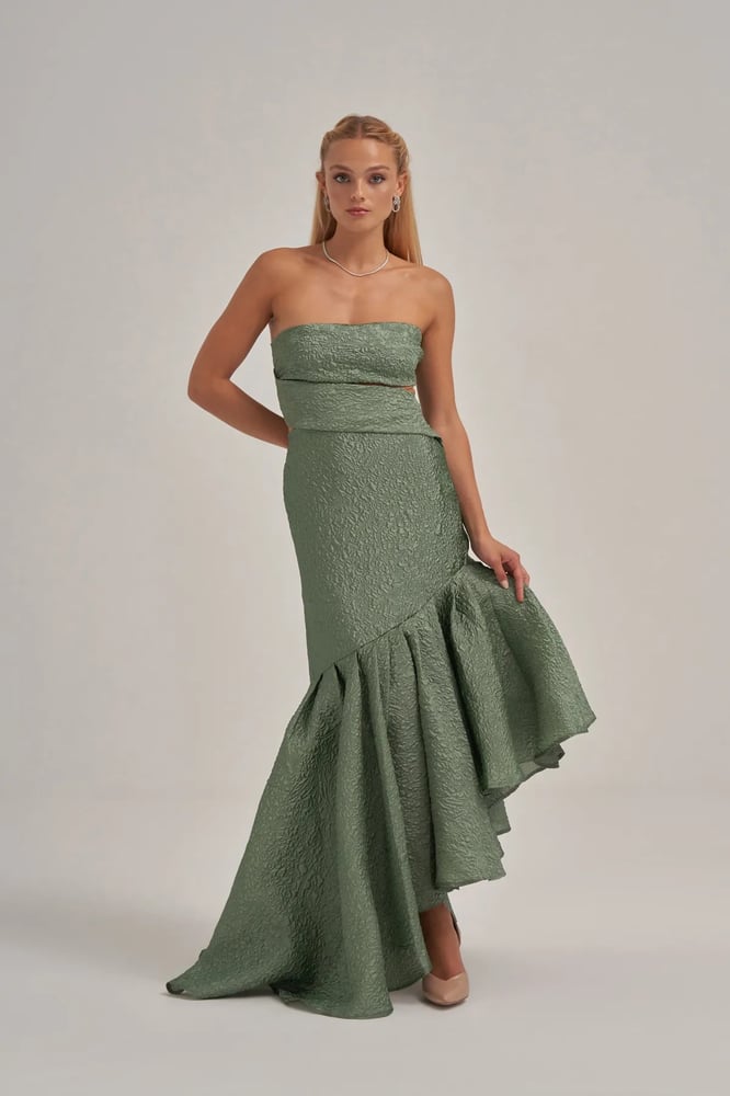 Khaki dress without straps with intersecting details