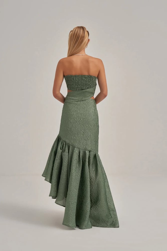 Khaki dress without straps with intersecting details
