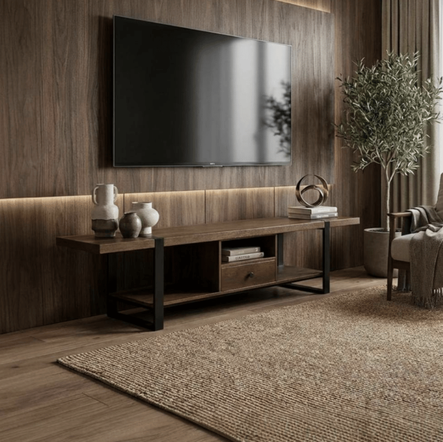 طاولة بلازما خشب بلونين بيج وبني مع قاعدة حديد تصميم عصري