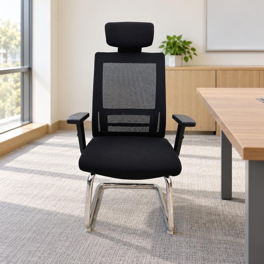 Fixed office chair with mesh back, neck support, and black fabric seat