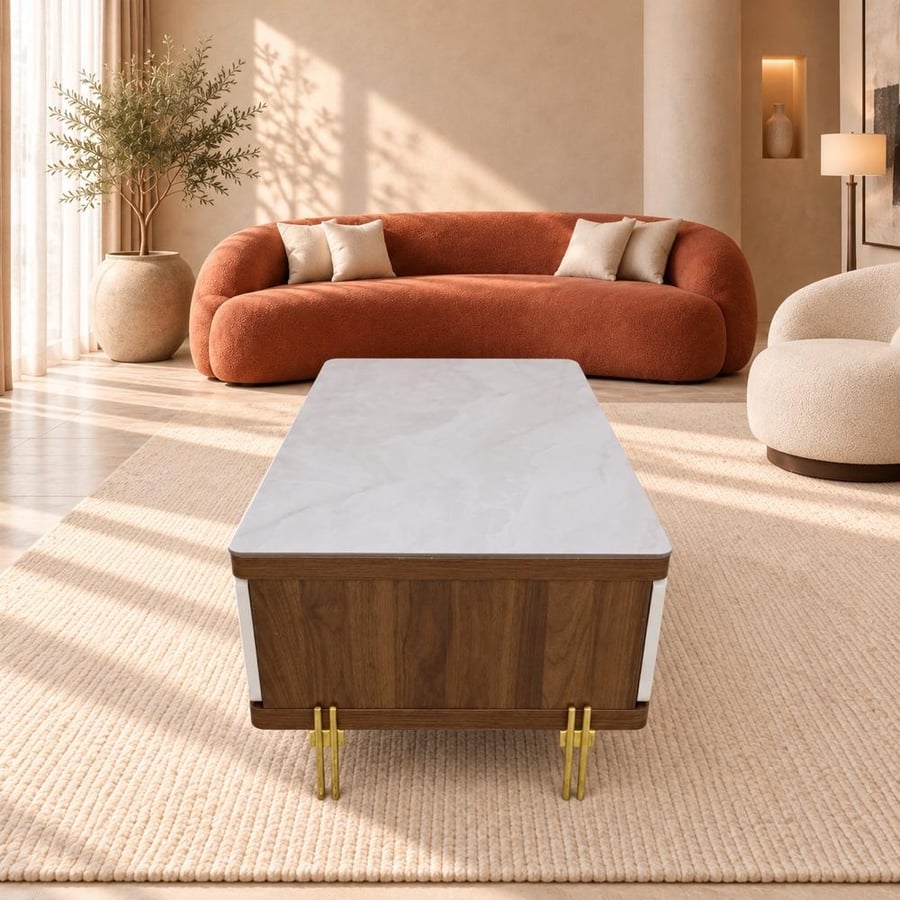 Plasma table with porcelain surface and MDF wood in brown on beige