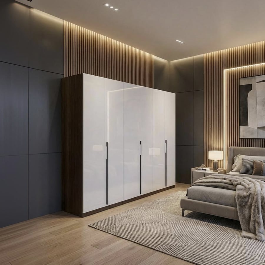 دولاب ملابس خشبي كبير مع مرآة – لون أبيض × بني تصميم فاخر