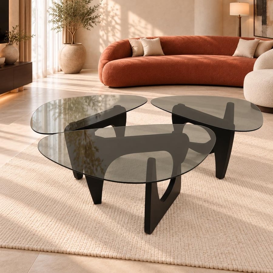 Black glass service table set with wooden base, luxurious design, practical