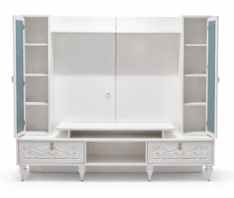 مكتبة تلفاز MDF لون أبيض تصميم مودرن