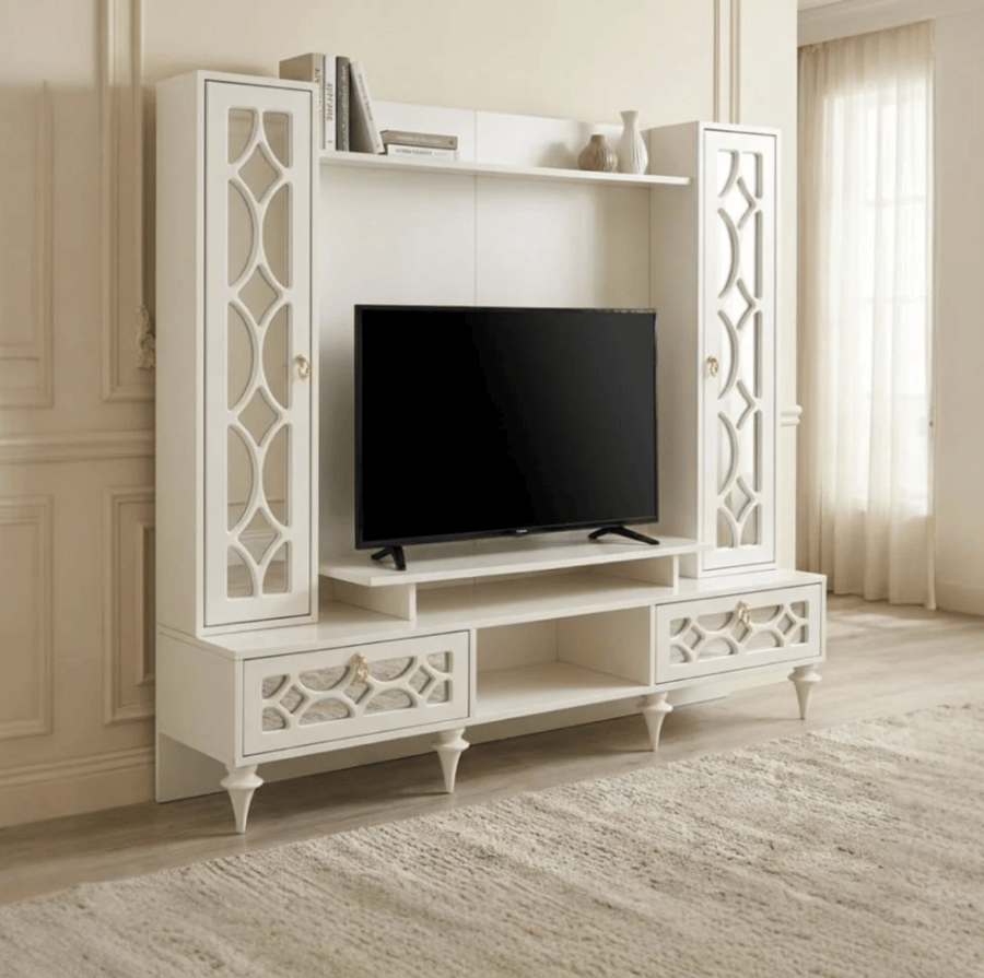 مكتبة تلفاز MDF لون أبيض تصميم مودرن