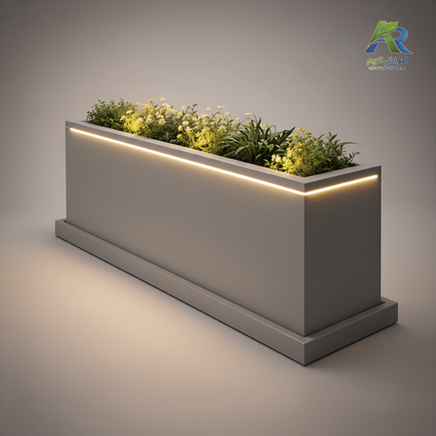 حوض زرع فيبر جلاس مستطيل بإضاءة LED مودرن للحدائق والفلل