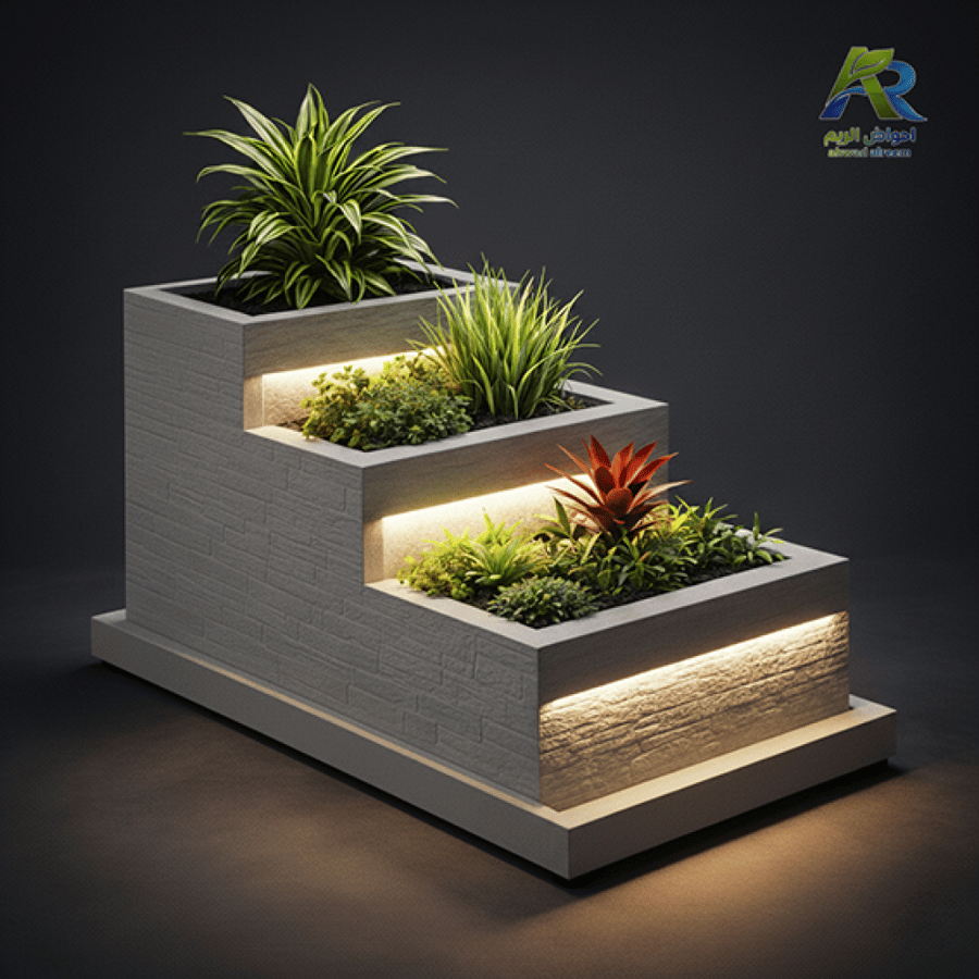 حوض زرع فيبر جلاس مدرج بإضاءة LED تصميم عصري فاخر | أحواض الريم