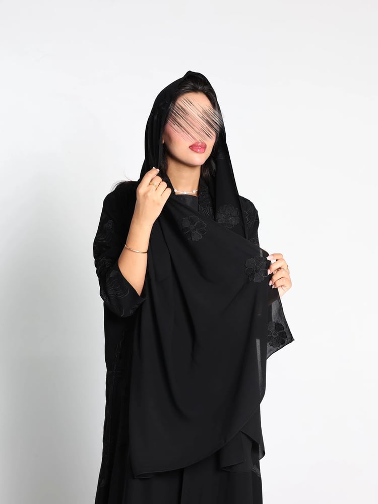 Flower abaya, occasion abaya with hand embroidery, semi-wide cut, and elegant hijab