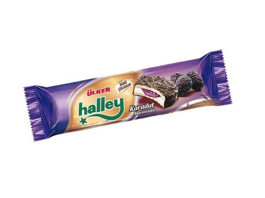 Olkher haly sandwich biscuit black malberry covered with milk chocolate filling 74 grams