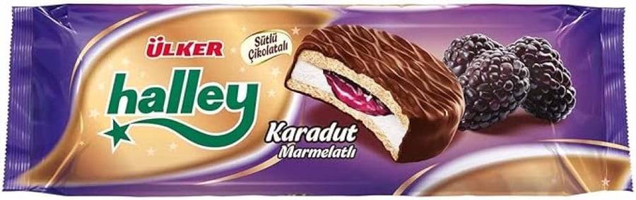 Olkher haly sandwich biscuit black malberry covered with milk chocolate filling 74 grams