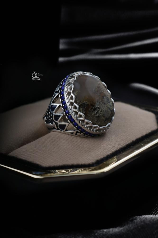 خاتم  فضة 925 عقيق يماني طحلبي