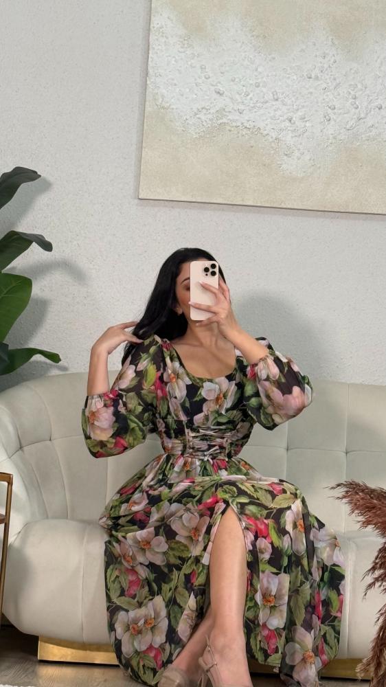 فستان طويل نسائي شيفون بتوريدات ربيعية