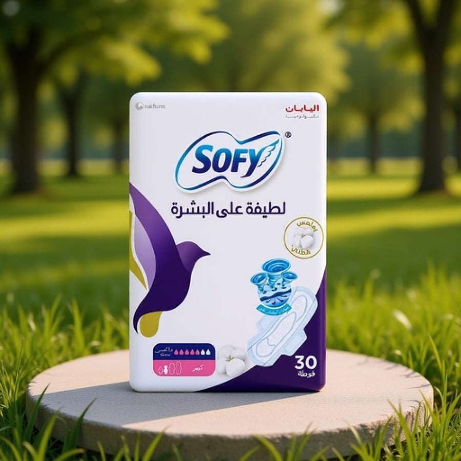 سوفي فوط صحية سميكة بالأجنحة لطيفة على البشرة - 30 فوطة حجم كبير