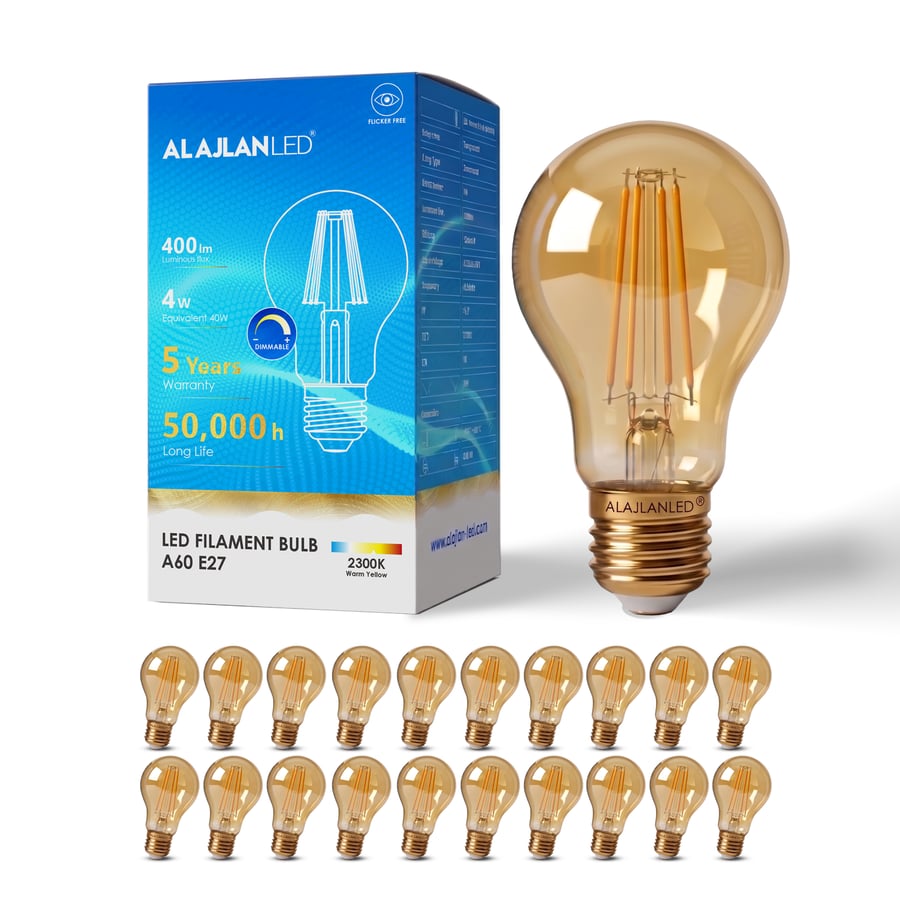 لمبة، LED Filament E27، قدرة 4 واط ، إضاءة 2300 كلفن، دقة ألوان CRI 90، عمر افتراضي 50,000 ساعة، تدعم الدايمر ،ضمان 5 سنوات (20 حبات)