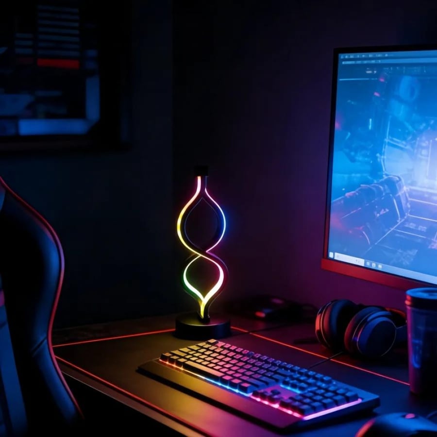 مصباح طاولة LED عصري بتصميم لانهائي ملتوي، إضاءة ليلية نحتية بسيطة لغرفة النوم وغرفة المعيشة والمكتب المنزلي