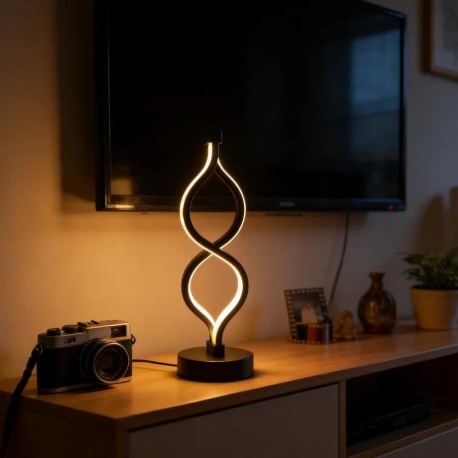 مصباح طاولة LED عصري بتصميم لانهائي ملتوي، إضاءة ليلية نحتية بسيطة لغرفة النوم وغرفة المعيشة والمكتب المنزلي