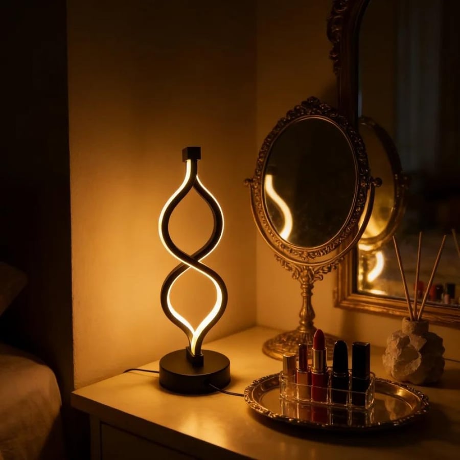 مصباح طاولة LED عصري بتصميم لانهائي ملتوي، إضاءة ليلية نحتية بسيطة لغرفة النوم وغرفة المعيشة والمكتب المنزلي