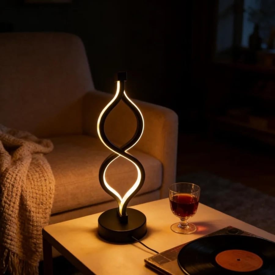 مصباح طاولة LED عصري بتصميم لانهائي ملتوي، إضاءة ليلية نحتية بسيطة لغرفة النوم وغرفة المعيشة والمكتب المنزلي