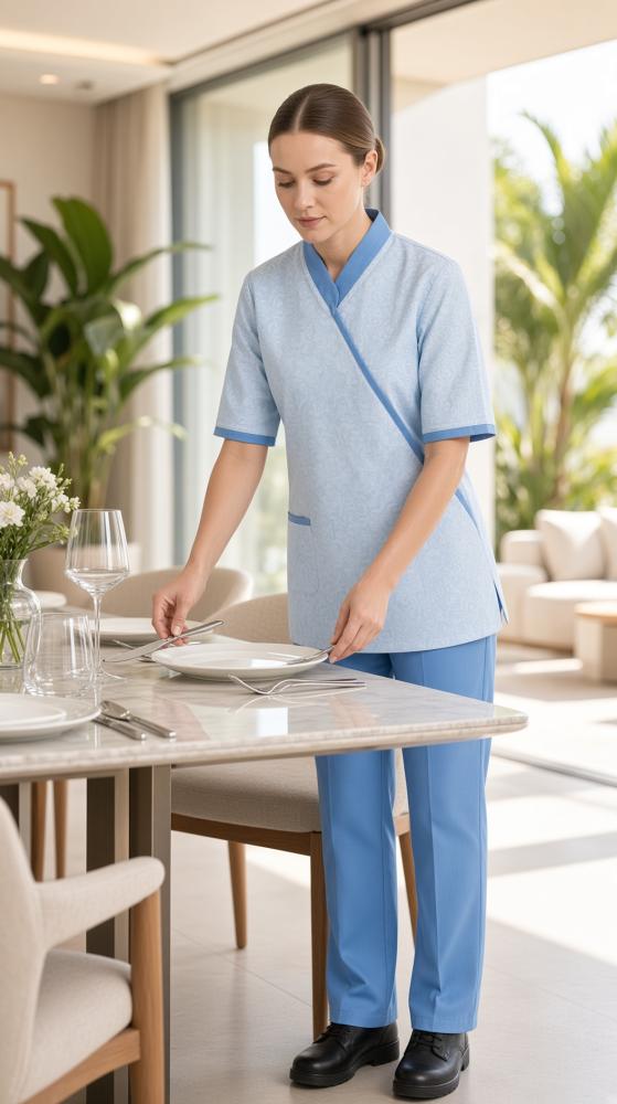طقم عاملات لفّة مشجّر — قصة كروس محتشمة — بيج | للمنزل والضيافة