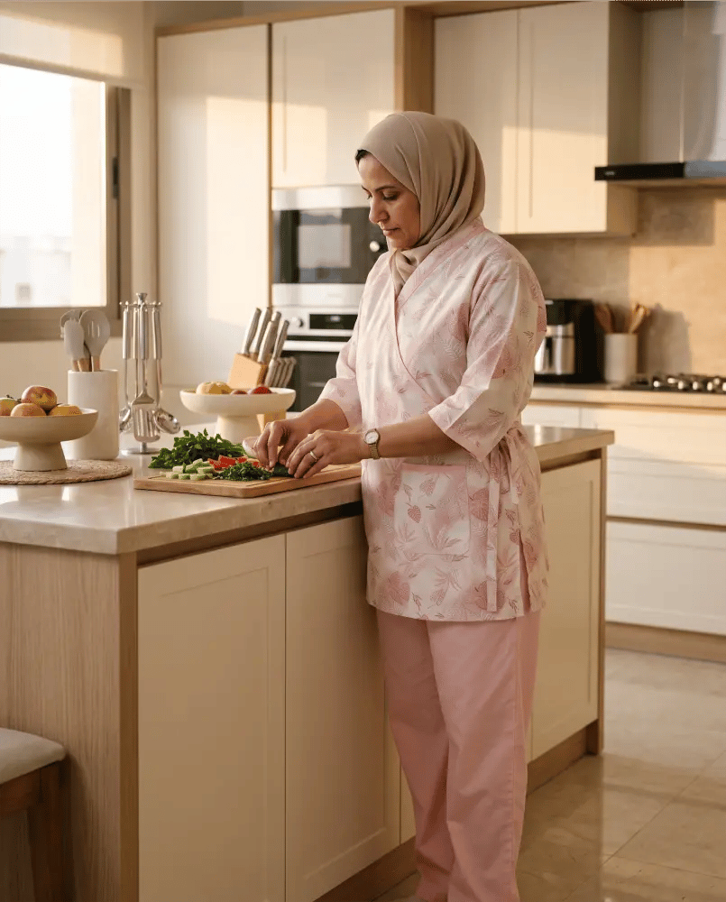 طقم يونيفورم منزلي خفيف للصيف – قماش قطني بارد بألوان سماوي وبينك وأخضر