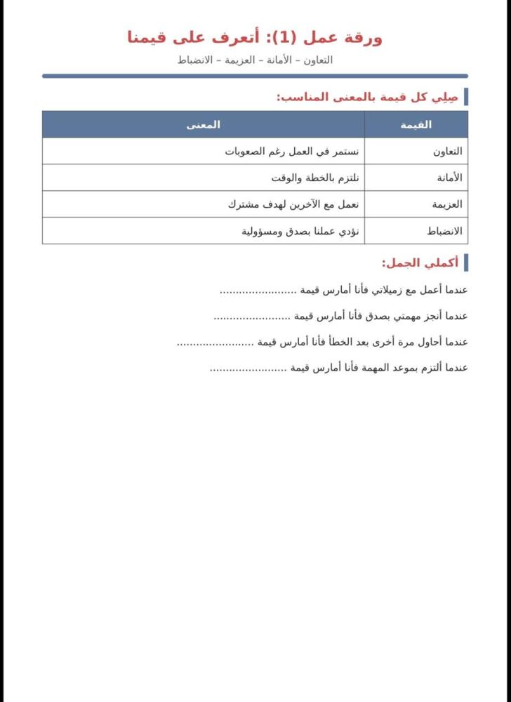 اوراق عمل قيمنا حياة للصفوف العليا
