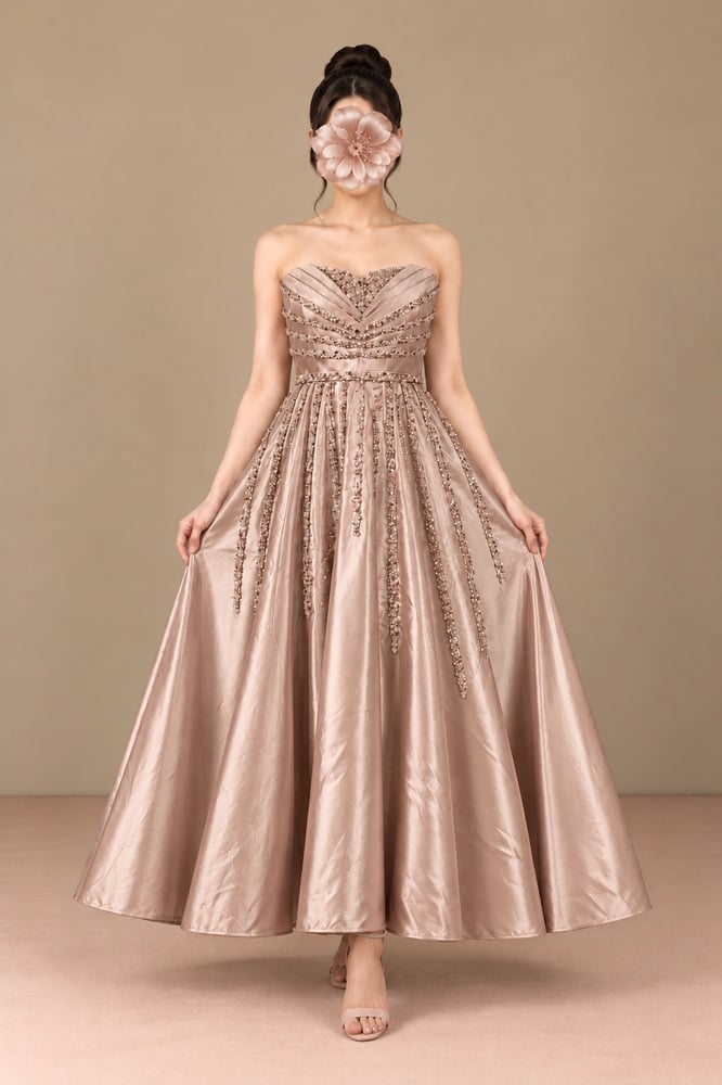 فستان سهرة شامبانيا ساتان بتطريزات كريستال وقصة واسعة