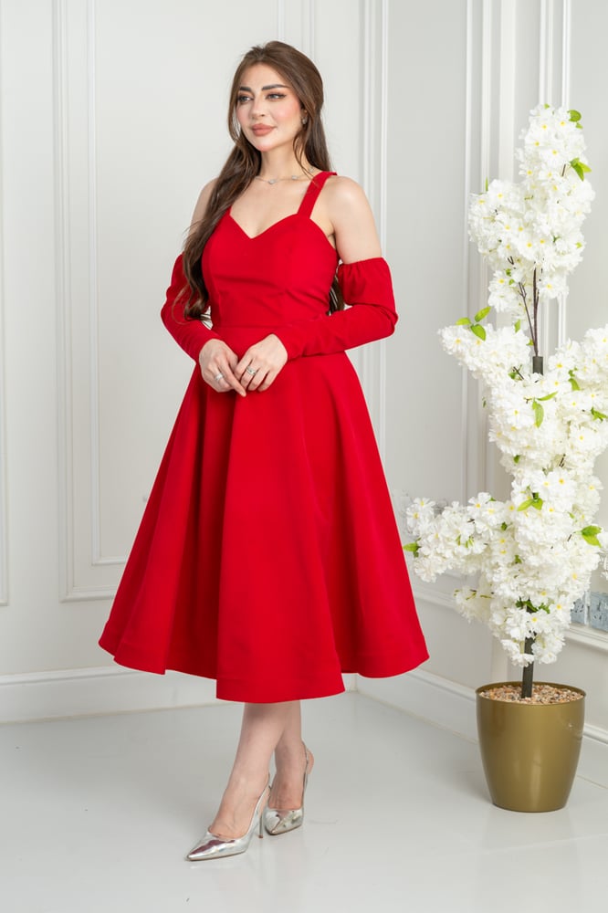 Red velvet evening dress with a luxurious midi design