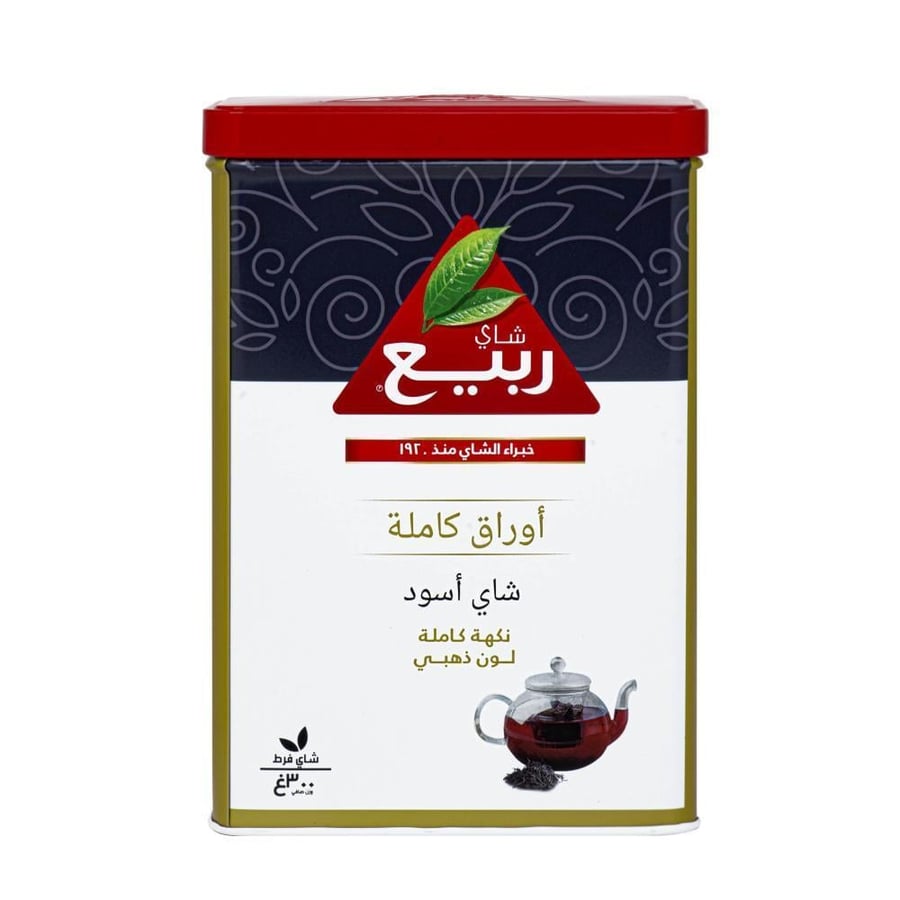 عبوة شاي ربيع أوراق كاملة 300 جم شاي أسود فرط بغطاء أحمر وتصميم أبيض و