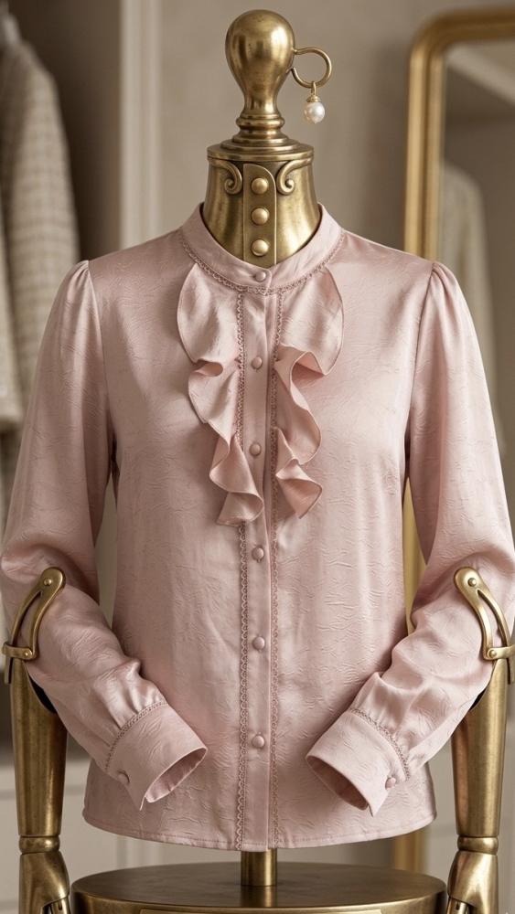 Orchid satin blouse with a formal collar and royal ruffle