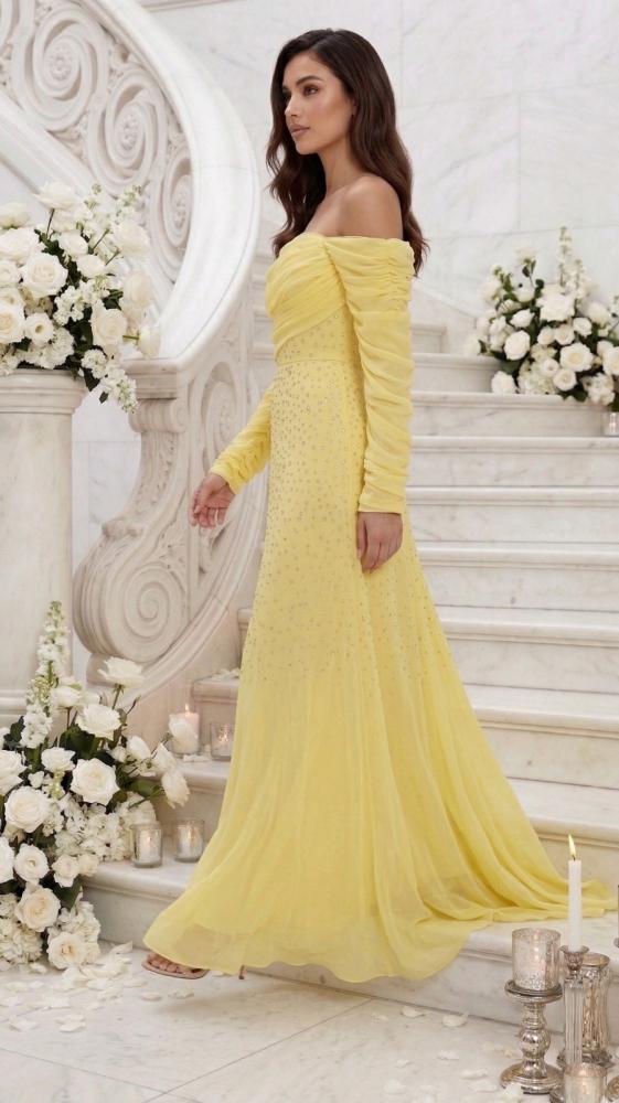 "فستان شعاع الشمس المطرز" (Sunbeam Embellished Gown).