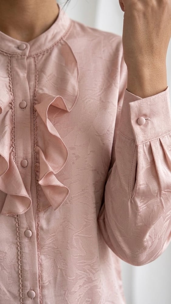 Orchid satin blouse with a formal collar and royal ruffle