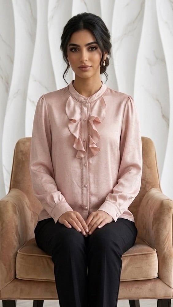 Orchid satin blouse with a formal collar and royal ruffle