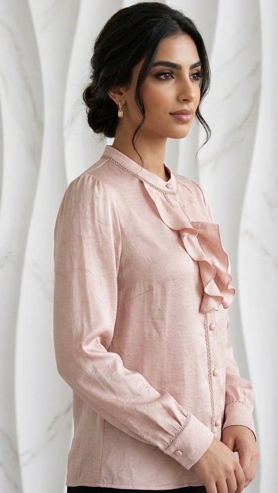 Orchid satin blouse with a formal collar and royal ruffle