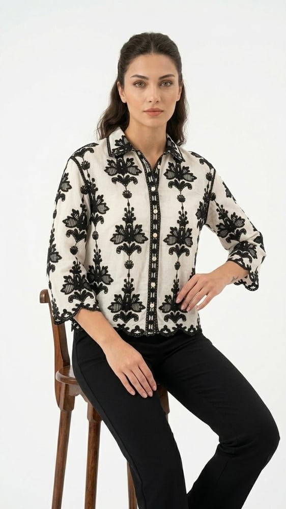 White linen blouse with black Agoras embroidery