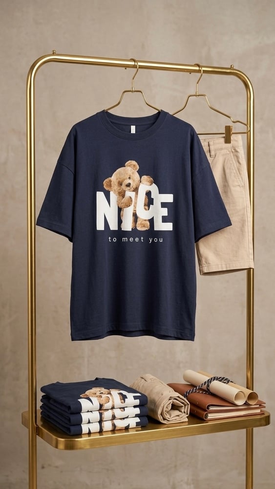 تيشرت أولادي قطن كاجوال بطبعة الدب "Nice to Meet You"