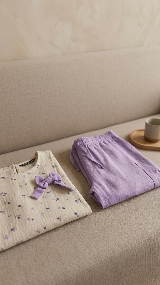 Summer two-piece set – with soft lavender print and cool muslin fabric